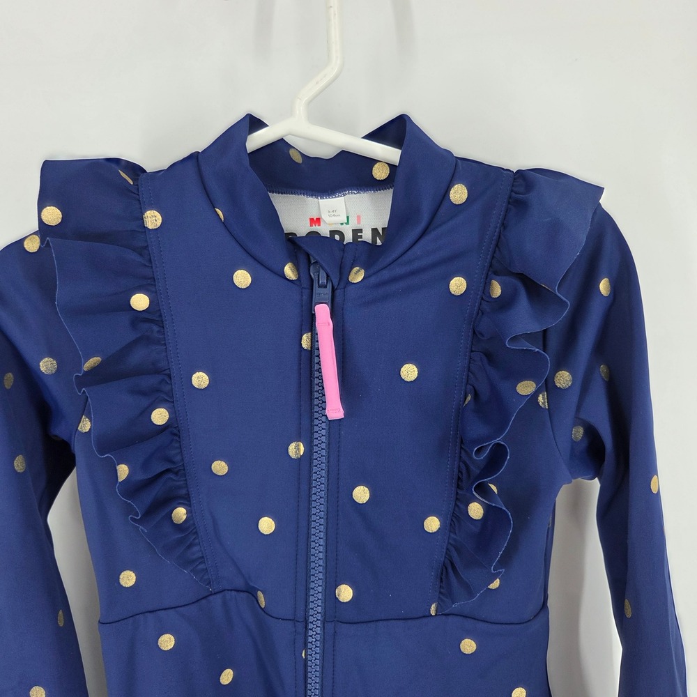 Mini Boden Navy Blue Gold Polka Dot Ruffle UPF 40+ Rash Guard Swimsuit 3-4Y - Picture 3 of 6